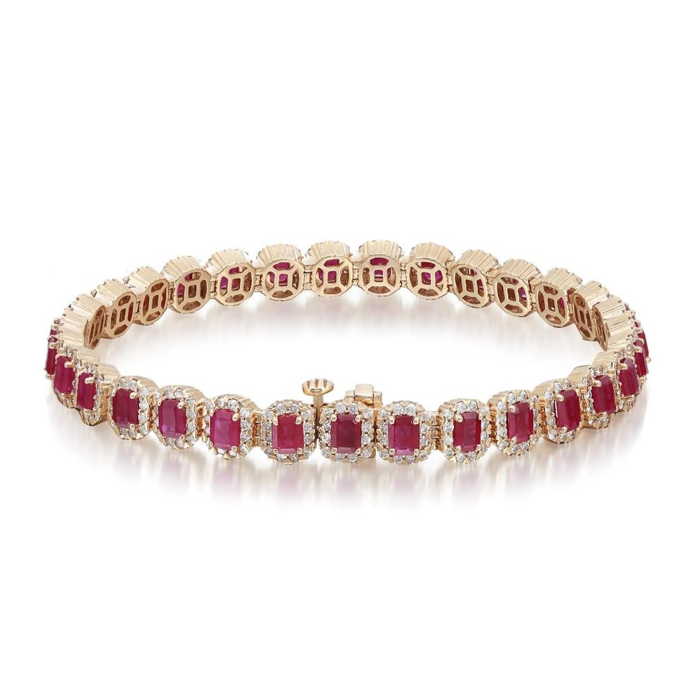 Emerald Cut Ruby and Diamond Tennis Bracelet 14K Yellow Gold 7 Inches